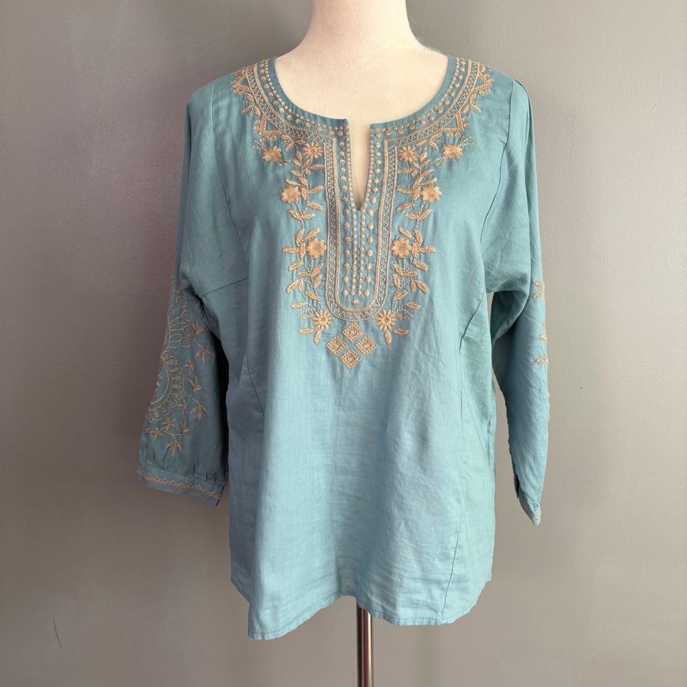 J Jill Embroidered Tunic Top W S Petite Boho Lightweight Artsy Coastal Travel - Picture 2 of 9